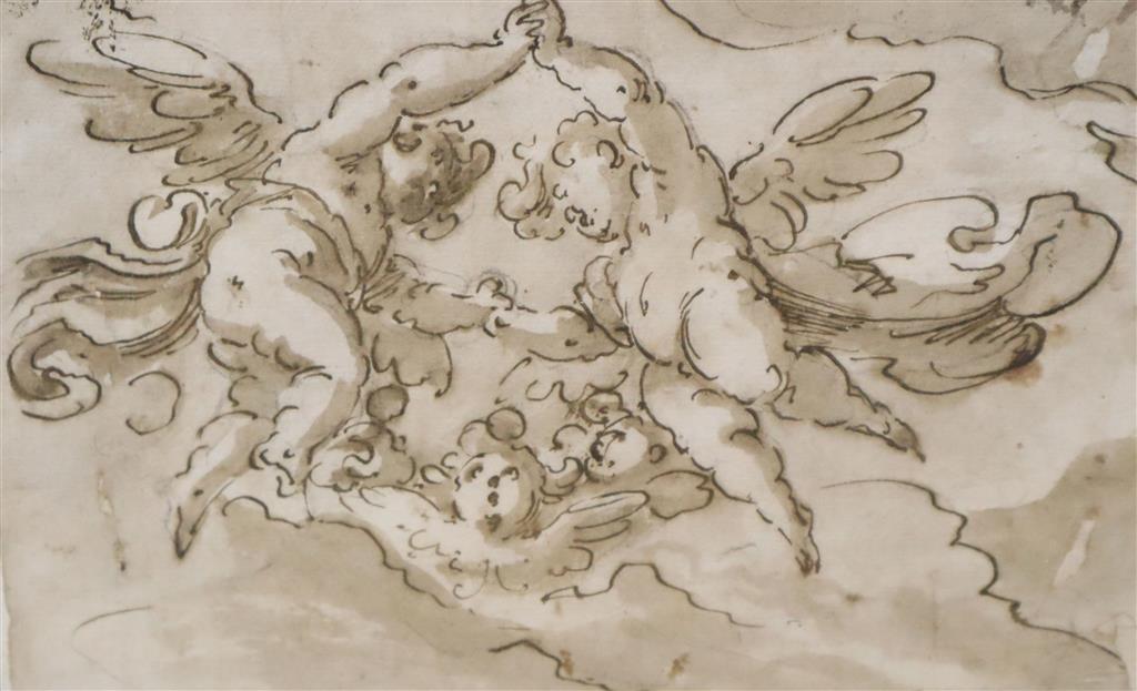 18th century Venetian School, ink and wash, Amorini in clouds, 13 x 20cm